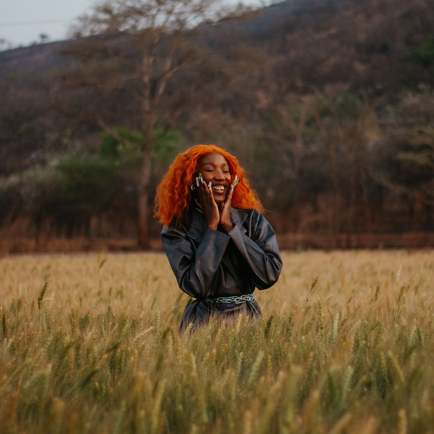 Grey Leather Coat with Chain Belt